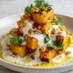 Roasted Pumpkin with Lemon Yogurt Sauce, Pine Nuts, and Fresh Herbs Recipe