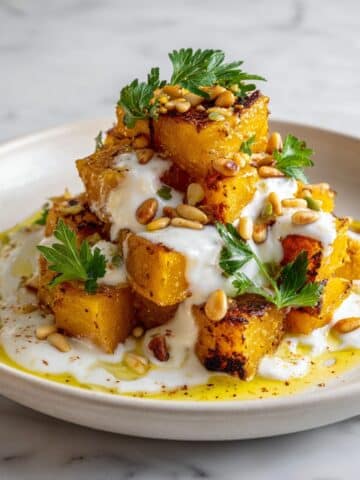 Roasted Pumpkin with Lemon Yogurt Sauce, Pine Nuts, and Fresh Herbs Recipe