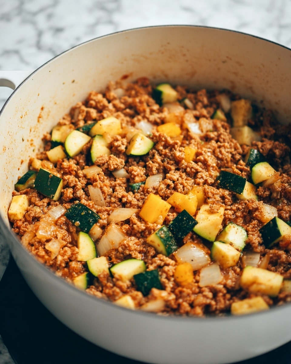 The image shows a white pot filled with a cooked mixture of ground meat and diced vegetables. The mixture has multiple layers: the bottom layer is a light brown cooked ground meat with a slightly crumbly texture. Mixed in are small cubes of green zucchini and yellow squash, along with translucent white pieces of onion. The colors are warm and earthy, with bits of seasoning visible. The pot is placed on a black stovetop, but the surface around is changed to a white marbled texture. The photo taken with an iphone --ar 4:5 --v 7
