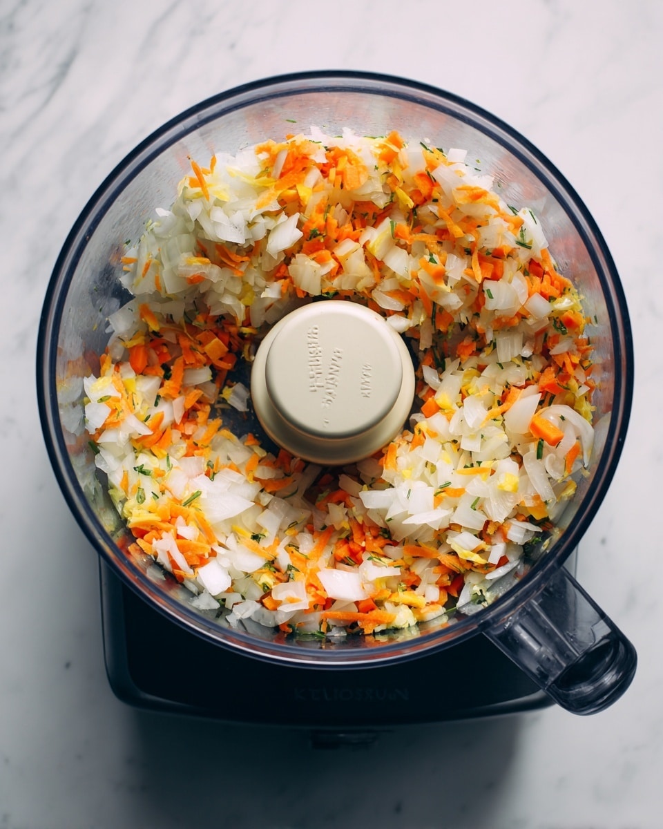The image shows a transparent food processor bowl filled with finely chopped vegetables including white onions and bright orange carrots. The chopped pieces form a colorful, mixed layer around the central spinning blade, which is light beige with visible brand markings. The clear plastic bowl has a handle on the right side and sits on a black base, placed on a white marbled surface. Photo taken with an iphone --ar 4:5 --v 7