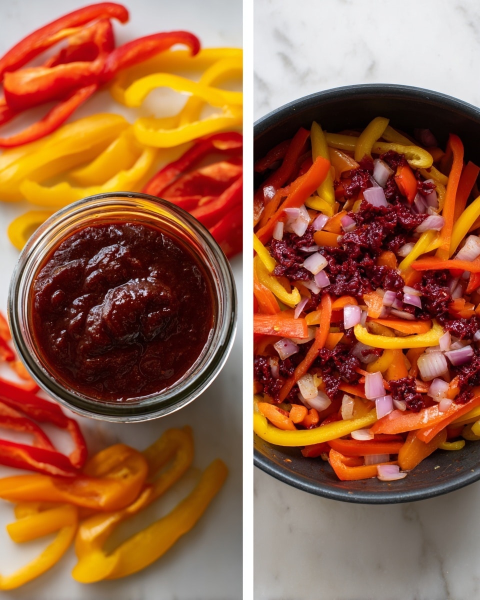 The image shows two close-up shots side by side. On the left, there is a top view of a glass jar filled with thick, dark red sauce placed in the center, surrounded by sliced red, yellow, and orange bell peppers arranged in a scattered way on a white marbled surface. On the right, a black pan contains a mix of cooked sliced bell peppers in red, yellow, and orange colors along with diced onions and small chunks of dark red paste spread unevenly on top. The cooked vegetables have a shiny, soft texture, and the pan sits on a white marbled surface. Photo taken with an iphone --ar 4:5 --v 7
