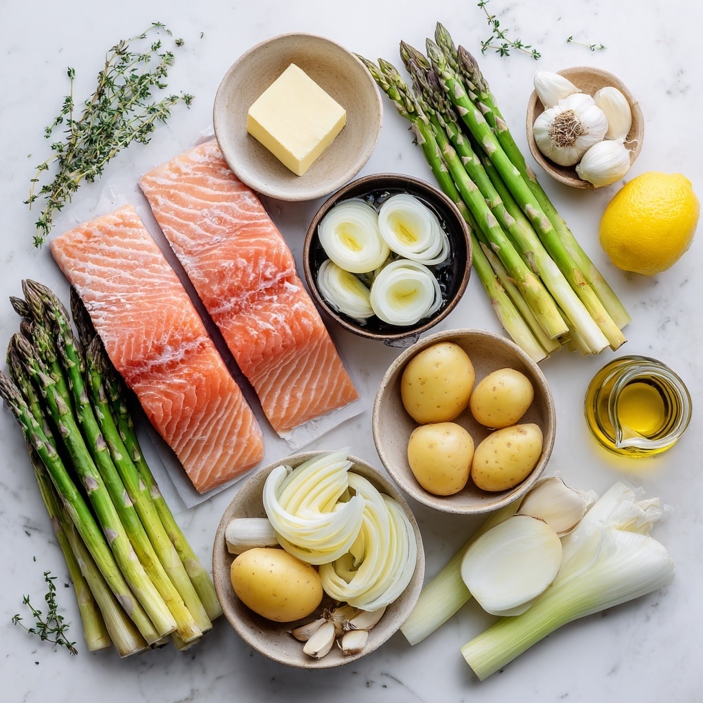 A white plate holds a meal with three parts: on the left is a bunch of long, green roasted asparagus with a slightly charred look; in the center are chunky pieces of golden brown roasted potatoes covered with a creamy, light yellow sauce and sprinkled with small green chives; on the right is a large, crispy-skinned orange salmon fillet resting partly on a lemon wedge with a bright yellow rind and pale yellow inside. A woman's hand holds the plate from the edge, and a golden fork is near the potatoes and salmon. The background is a white marbled texture. photo taken with an iphone --ar 4:5 --v 7
