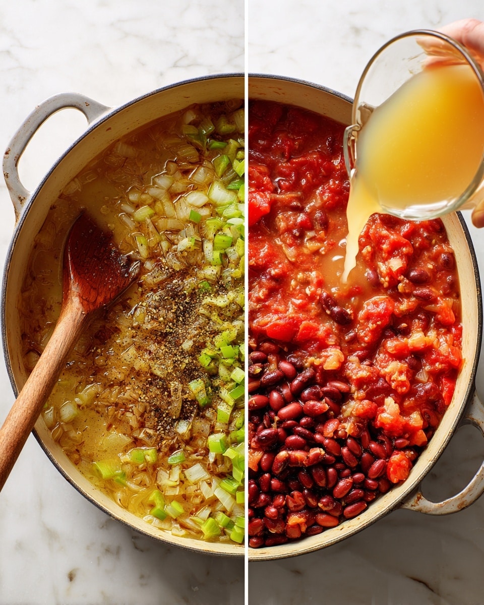 A white bowl with blue trim is filled with thick chili made of red, black, and white beans, and chunks of red tomatoes. The chili has a rich brown sauce with visible small pieces of onions and peppers. In the center of the bowl, there is a dollop of white sour cream topped with chopped green onions. A spoon with a wooden handle is placed inside the bowl with its tip resting in the chili. Around the bowl on the white marbled surface, there is a small bowl with chopped green onions to the top left, half a lime, and a piece of golden cornbread to the top right. A gray cloth is partially visible at the bottom left corner. Photo taken with an iphone --ar 4:5 --v 7