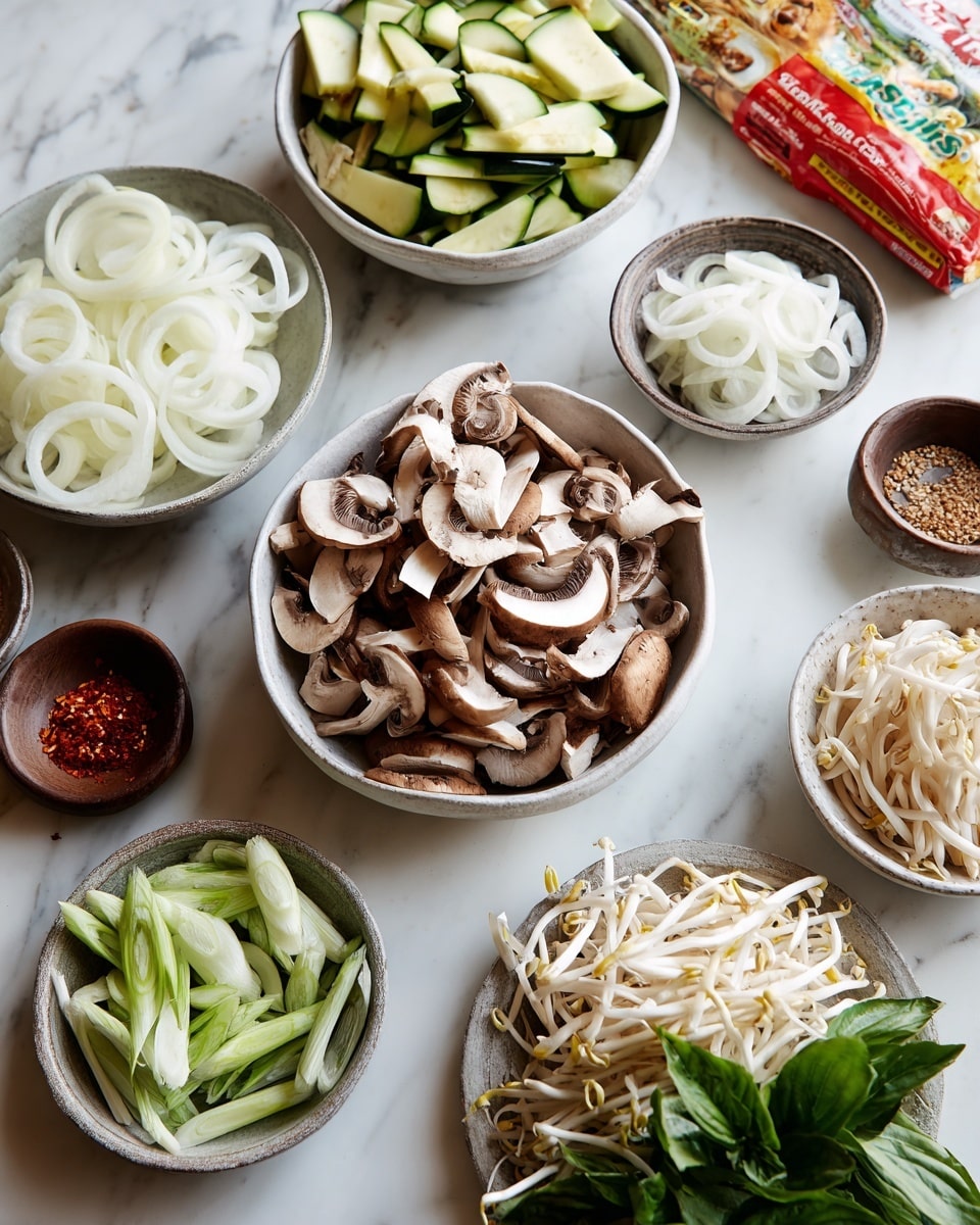 This image shows many bowls and plates with fresh ingredients arranged on a white marbled surface. At the center, a white bowl filled with sliced brown and white mushrooms, with smooth and slightly shiny textures, is visible. Above it, there is a white bowl holding pale green zucchini pieces with a fresh, crisp look. To the right, a white bowl is filled with white onion slices, long and slightly curved. Below the mushrooms, a small white bowl contains green onion pieces with a firm texture. On the right bottom corner, a white plate holds fresh, thin white bean sprouts and some green basil leaves with a slightly shiny surface. Around these main bowls, there are small brown ceramic bowls with different sauces and minced garlic, and a small white bowl holding crushed red pepper flakes and sesame seeds. Lastly, behind the bowls in the center, a pack of udon noodles wrapped in a colorful red and yellow package is placed. photo taken with an iphone --ar 4:5 --v 7