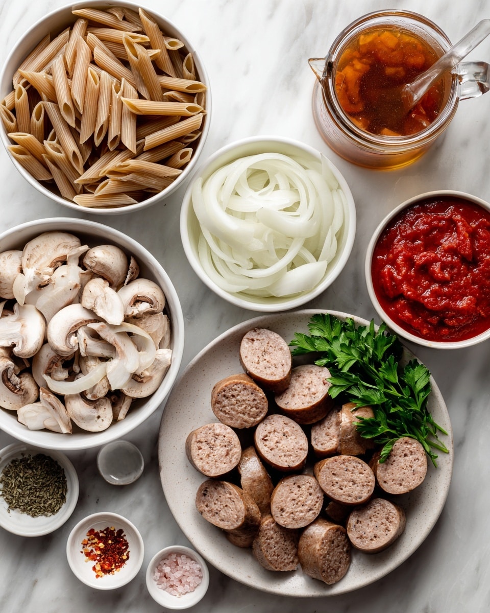 A top view of raw ingredients arranged on a white marbled surface, including a white bowl of uncooked whole wheat penne pasta with a light brown color, a white bowl filled with thinly sliced white onions, and a white bowl with cut brown mushrooms showing their light interior and darker outer skin. In the center, there is a light-colored plate with several sliced pieces of brown sausage arranged in two neat rows, garnished with fresh green parsley. Surrounding these are small white bowls containing minced garlic, dried green herbs, and red chili flakes. There is also a can of crushed red tomatoes with a rich red chunky texture and a transparent glass measuring cup filled with a golden brown broth, next to small dishes of pink salt and ground black pepper. Photo taken with an iphone --ar 4:5 --v 7
