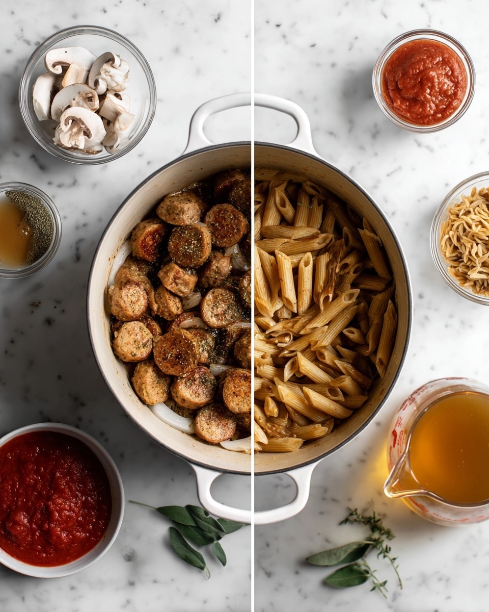 A white pot sits on a white marbled surface in two photos side by side. On the left, inside the pot are round browned sausage pieces mixed with thin white onion slices, all seasoned with herbs and spices. Around the pot are small bowls holding white sliced mushrooms, red tomato sauce, brown penne pasta, and a glass container of broth. On the right, the white pot now holds brown penne pasta, mushroom slices, and some sausage inside, with a golden broth being poured in from a glass measuring cup. A small green herb leaf decorates the white marbled surface nearby. Photo taken with an iphone --ar 4:5 --v 7