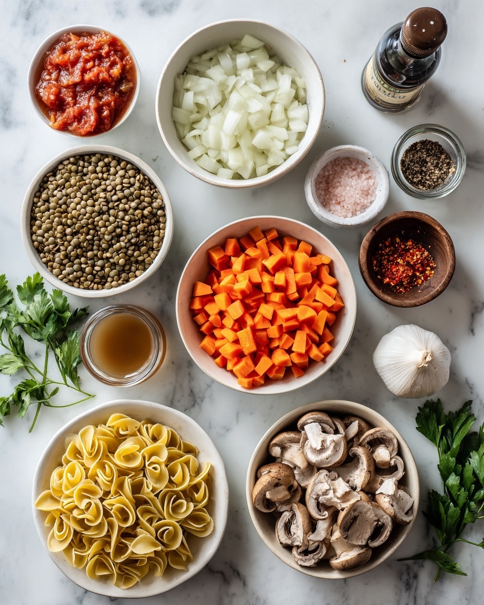 The image shows many ingredients neatly arranged on a white marbled surface. In the center is a white bowl filled with dry lentils in soft green and beige shades. Just above it is a white bowl with white diced onions, and to the right of the lentils is a white bowl filled with bright orange diced carrots. Next to the carrots is a small white plate holding pink salt and black pepper. A clear glass container with light brown broth is near the carrots. A round bowl to the lower right holds chopped brown mushrooms with white stems. At the bottom left, on a white plate, are curled yellow pasta noodles. Around these main bowls and plates are smaller brown bowls with minced garlic, red chili flakes and mixed herbs, and tomato paste in a tiny dish next to a glass bottle of dark liquid. There is also a whole white garlic bulb near the mushrooms and some fresh parsley leaves scattered around. A partially visible can of red diced tomatoes adds a splash of red on the top left corner. photo taken with an iphone --ar 4:5 --v 7
