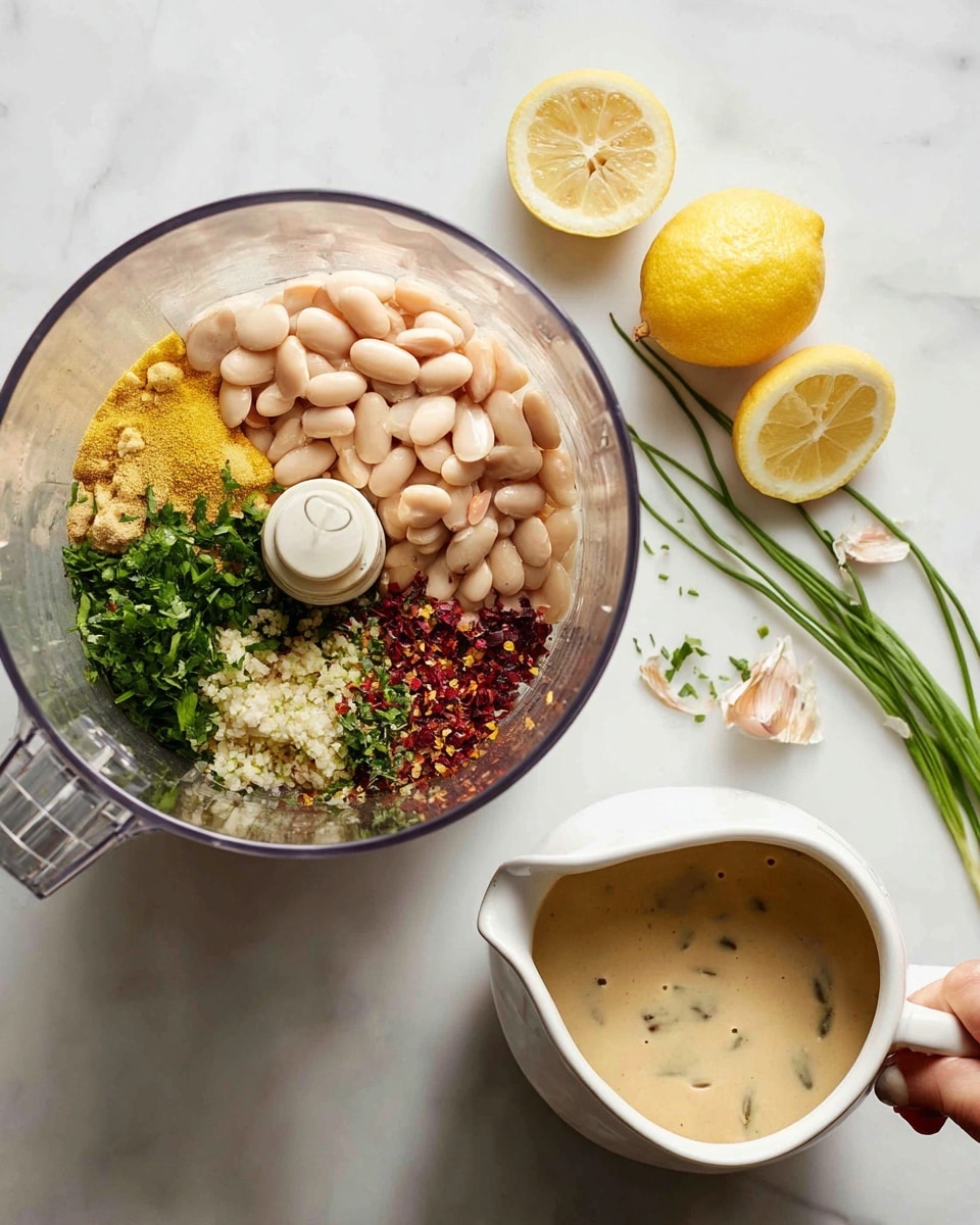 The image shows two views of a cooking process on a white marbled surface. On the left, a clear food processor bowl contains several layers of ingredients: pale pinkish white beans, a heap of yellow powder on the top right, some minced garlic near the beans, finely chopped green herbs scattered, and mixed dry spices with red flakes on the bottom right. A woman's hand is pouring a clear liquid from a glass measuring cup into the bowl. Two lemon halves, one whole slice, and some small green herb sprigs are placed nearby on the surface. On the right, there is a white ceramic sauce pitcher filled with a thick, creamy, light beige sauce with small visible specks, sitting next to a lemon half, some green herb sprigs, and a thin green grass-like leaf. The scene is well-lit, emphasizing the fresh ingredients and smooth texture of the sauce. Photo taken with an iphone --ar 4:5 --v 7