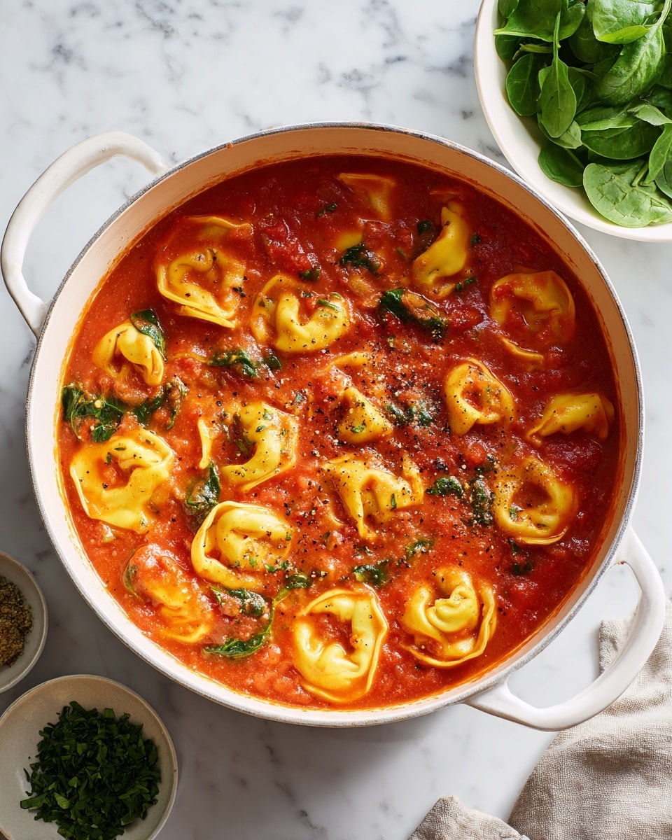 A white pot filled with two main layers: a thick, bright red tomato sauce with visible chunks of red tomatoes and black pepper specks, and yellow tortellini pasta pieces floating throughout the sauce with their folded, rounded shapes. The pot sits on a white marbled surface with a small white bowl of fresh green spinach leaves and another bowl of chopped green herbs nearby. Photo taken with an iphone --ar 4:5 --v 7
