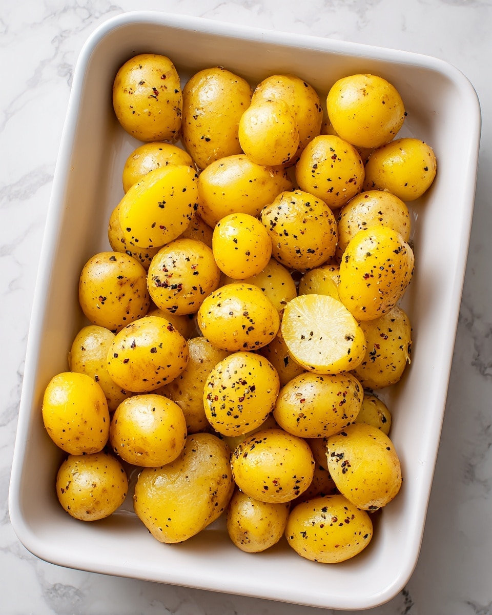 The image shows a white baking dish filled with small yellow potatoes, some whole and some cut in half. The potatoes are seasoned with small black pepper bits scattered on their smooth and slightly shiny skin. The potatoes are spread evenly in one layer inside the dish. The background has a white marbled texture. Photo taken with an iphone --ar 4:5 --v 7