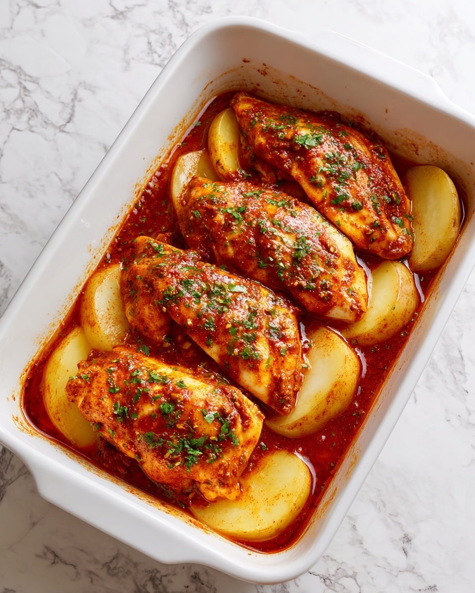 The image shows a white rectangular baking dish filled with five pieces of raw chicken marinated in a reddish-brown sauce with green herbs sprinkled on top. The chicken pieces sit on a layer of thick, pale yellow slices that look like potatoes. The sauce looks shiny and slightly thick, coating the chicken evenly. The dish is on a surface with a white marbled texture. Photo taken with an iphone --ar 4:5 --v 7