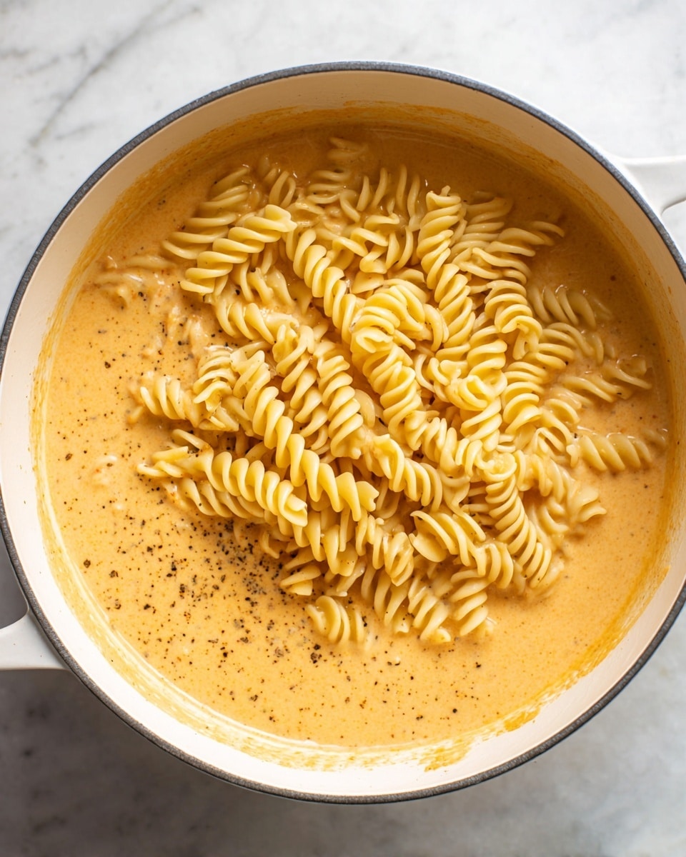 A close-up view of a white pot filled with creamy light orange sauce at the bottom layer, showing a smooth yet slightly speckled texture. On top, a single layer of yellow spiral pasta rests in the middle, with the pasta's ridges clearly visible and appearing soft but firm. The sauce surrounds the pasta evenly, covering the pot sides lightly with some splashes near the edge. The background surface is a white marbled texture. Photo taken with an iphone --ar 4:5 --v 7