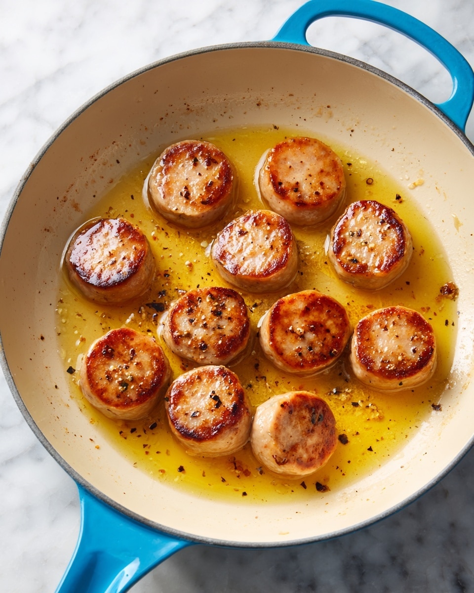 Inside a light cream-colored pan with a bright blue handle, there are several round slices of sausage being cooked. The sausages are light brown with darker browned spots, showing a slightly crisp texture on some edges. They are sitting in a pool of golden-yellow oil that glistens, and the pan's bottom shows a light browning from cooking. The scene is set on a white marbled surface. photo taken with an iphone --ar 4:5 --v 7