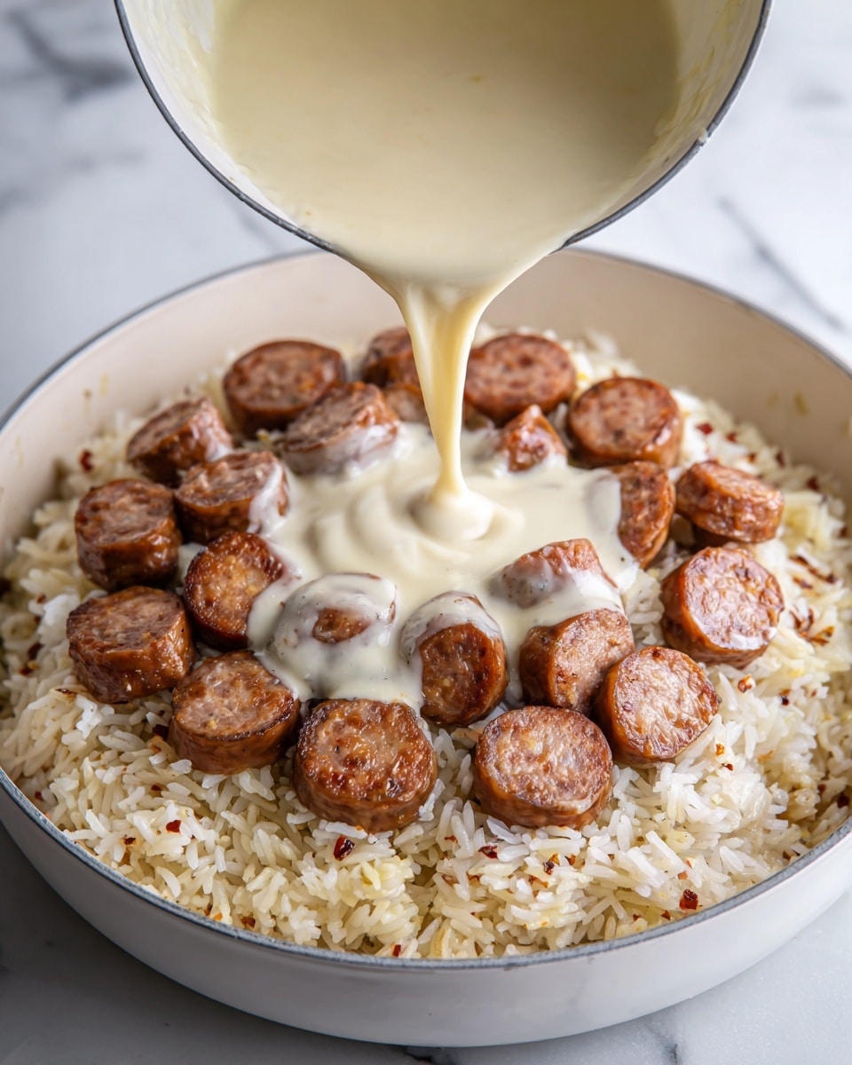 This image shows a white pan on a white marbled surface with a layer of cooked rice mixed with small bits of red pepper at the bottom. On top of the rice, there are many round slices of browned sausage with a shiny texture, covering the center area. Creamy white sauce is being poured from a white pot over the rice and sausage, flowing down and spreading around the pan. The sauce looks smooth and thick, slowly covering the food beneath. photo taken with an iphone --ar 4:5 --v 7