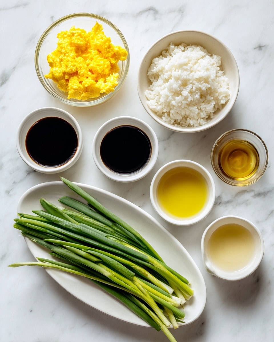 The image shows several small white bowls and a glass bowl arranged on a white marbled surface. At the top left, there is a clear glass bowl filled with bright yellow beaten eggs. To its right, a white bowl holds fluffy white rice. Below them are five small white bowls arranged in a loose arc: dark soy sauce on the left, thick dark sauce in the middle, light golden oil on the right, a clear liquid in front of the soy sauce, and another light golden liquid in front of the thick sauce. At the bottom, on a white oval plate, there are fresh, long green onion stalks neatly laid out. Photo taken with an iphone --ar 4:5 --v 7