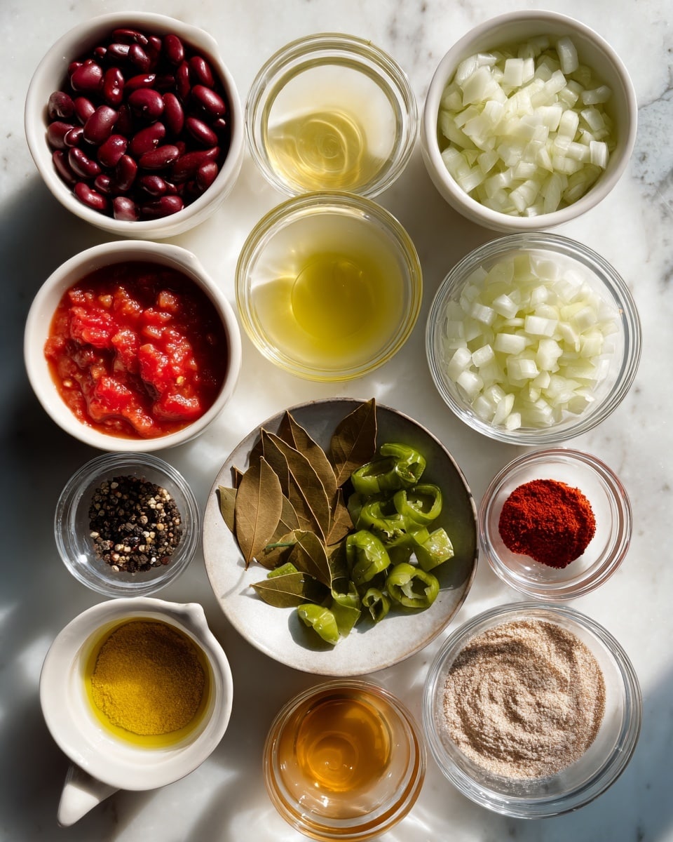 The image shows twelve small white bowls arranged in neat rows on a white marbled surface, each holding a different cooking ingredient. The top row contains bowl one filled with dark red kidney beans, bowl two with bright red chopped tomatoes in sauce, and bowl three with chopped white onions. The second row has a clear bowl with a light yellow liquid, a bowl with chopped green bell peppers, and a plate with two brown bay leaves. The third row includes a small bowl of bright red paprika powder, a small bowl of golden honey, and a bowl of yellow oil. The bottom row shows a bowl with light yellow mustard, a clear bowl with cracked black pepper, and a tiny bowl with beige garlic powder. The lighting is natural, highlighting the colors and textures of the ingredients. Photo taken with an iphone --ar 4:5 --v 7