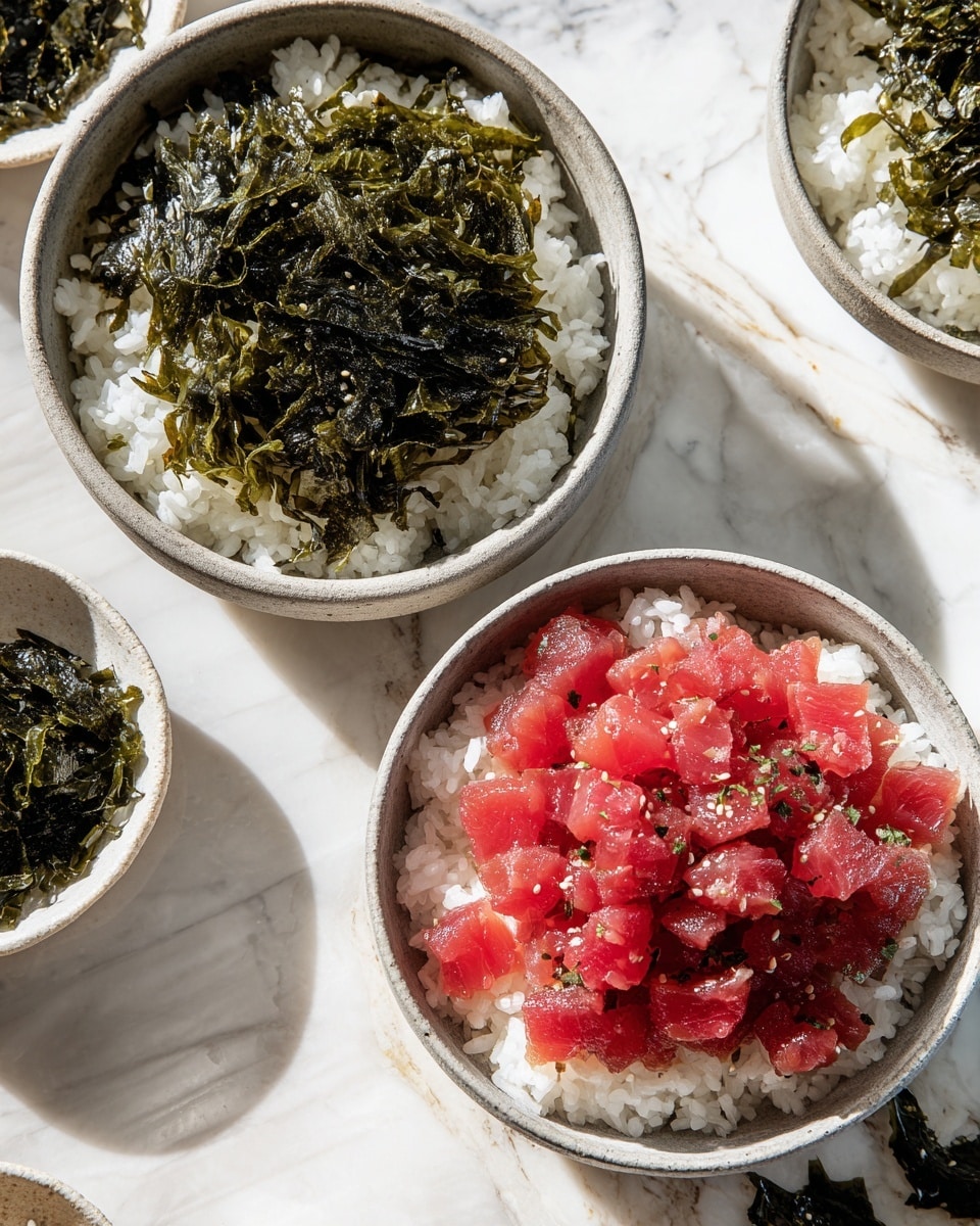 Two side-by-side images show a bowl of food on a white marbled surface. In the left image, the bowl contains a base layer of white rice with thin, dark green seaweed strips scattered all over the top. In the right image, the same bowl now has the seaweed topped with rich red, shiny diced tuna pieces, layered neatly to cover the seaweed and rice. The bowl is a round, light gray with a textured look. Small white ceramic dishes with food are partly visible around the bowl. The lighting is bright and natural. photo taken with an iphone --ar 4:5 --v 7