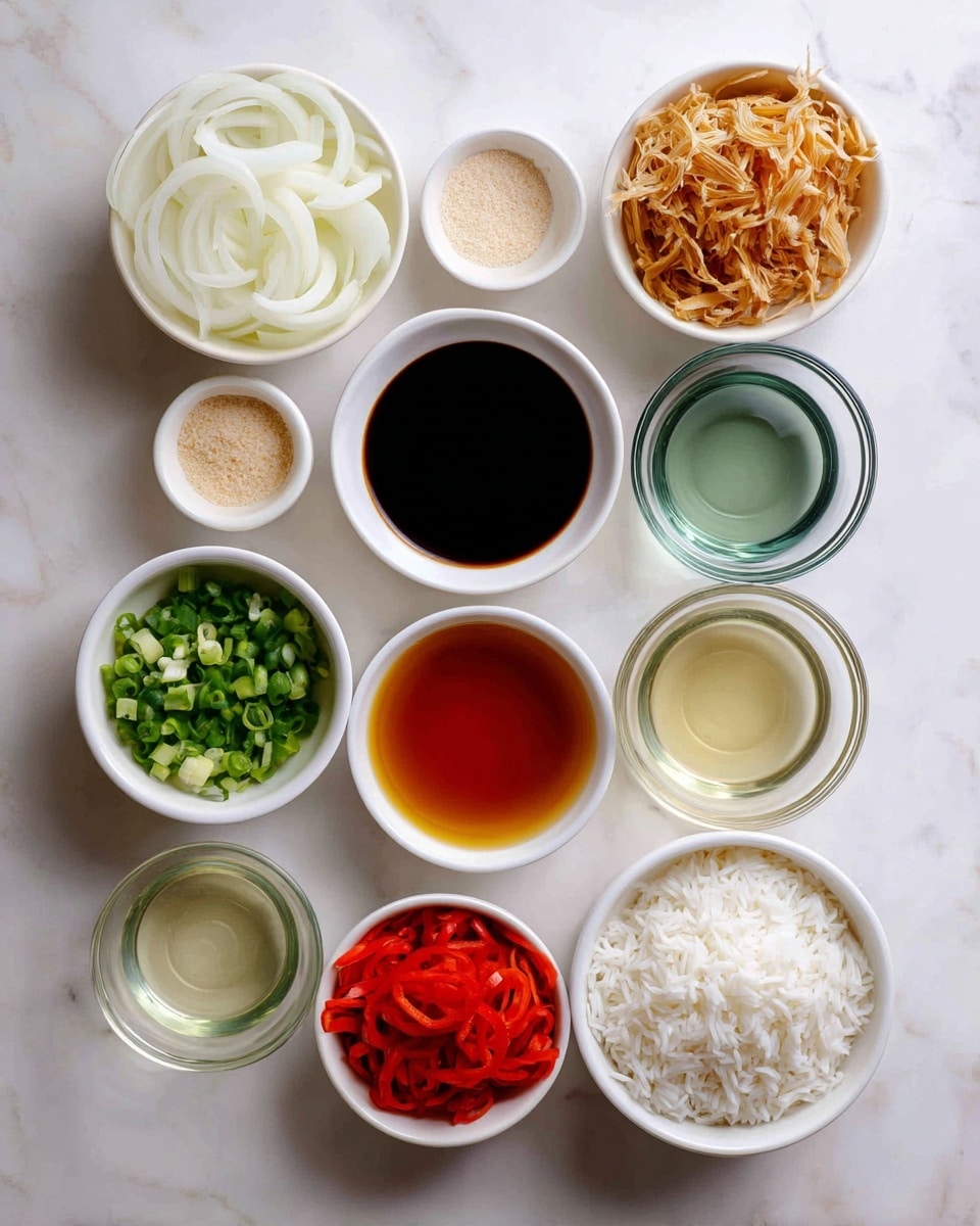 The image shows eleven small white bowls arranged on a white marbled surface in neat rows. From the top left, the first bowl contains thin white slices of onions, next to it a bowl holds light brown dried strips that look like textured vegetable protein. Below these, in the second row from left to right, the first small bowl has a light beige powder, the middle bowl shows a dark brown liquid which looks like soy sauce, and the right bowl holds an amber-colored liquid. The third row has three clear glass bowls with colorless liquids, the middle bowl has a greenish tint, while the right bowl has a light yellow liquid. The bottom row has three white bowls; the left contains bright red sliced strips, the middle shows a mix of chopped green onions, and the right contains fluffy white rice. The photo is taken with an iphone --ar 4:5 --v 7