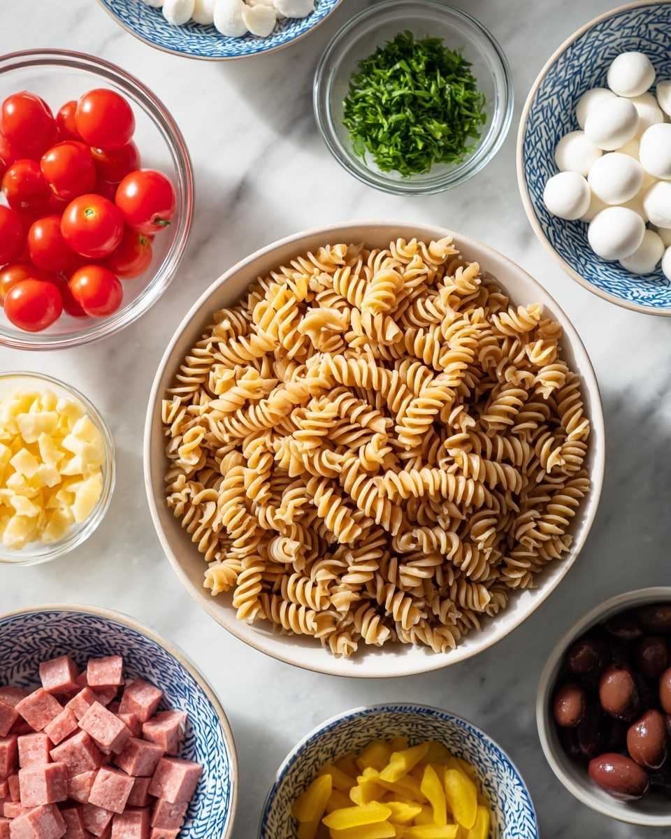 A top view of several white bowls arranged on a white marbled surface with different ingredients for a pasta dish; the largest white bowl in the center is filled with dry spiral pasta in a light brown shade; to the top left, a smaller clear glass bowl holds bright red cherry tomatoes, some whole and some halved; above the pasta bowl, a small white bowl contains fresh chopped green herbs; to the right of the herbs, a white bowl with a blue pattern is filled with small white mozzarella balls; below the tomatoes, a similarly patterned white bowl contains small cubes of pink salami; at the bottom left, a bowl with chopped yellow peppers and to the bottom right, a bowl with dark pitted olives; the bowls are neat and clean, and the lighting is natural and bright, photo taken with an iphone --ar 4:5 --v 7
