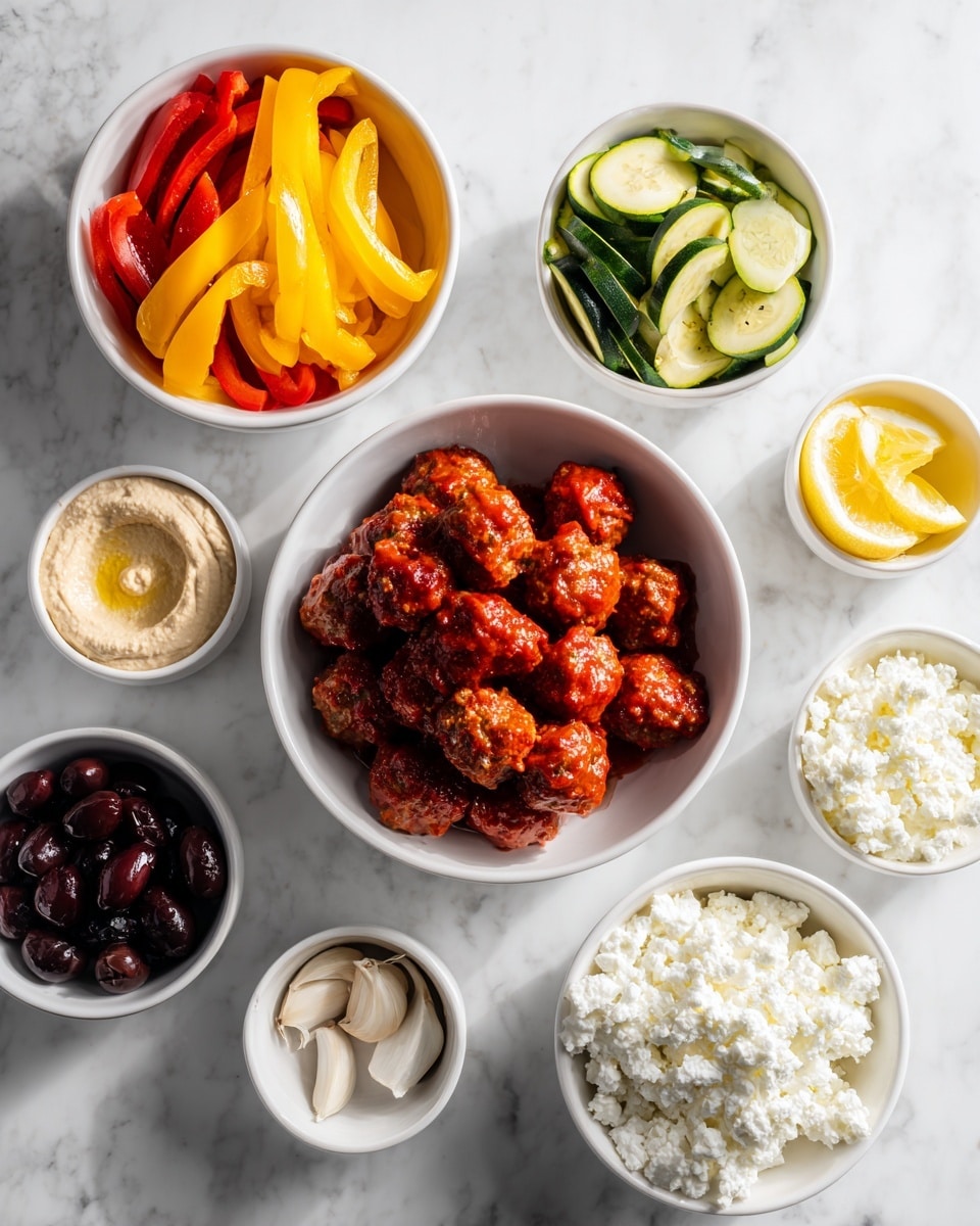 A metal baking tray holds three groups of roasted food items: on the left are about eighteen browned meatballs with a rough texture and some flecks of red inside, in the middle bottom are long strips of bell peppers in red, orange, and yellow with slight charring, and on the right are slices of green zucchini with browned spots, all spread out unevenly on the tray's light surface that shows signs of roasting stains. photo taken with an iphone --ar 4:5 --v 7