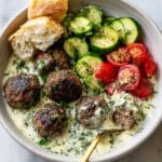 Sheet Pan Meatballs with Tomato Salad and Green Sauce Recipe