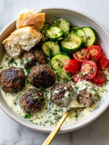 Sheet Pan Meatballs with Tomato Salad and Green Sauce Recipe