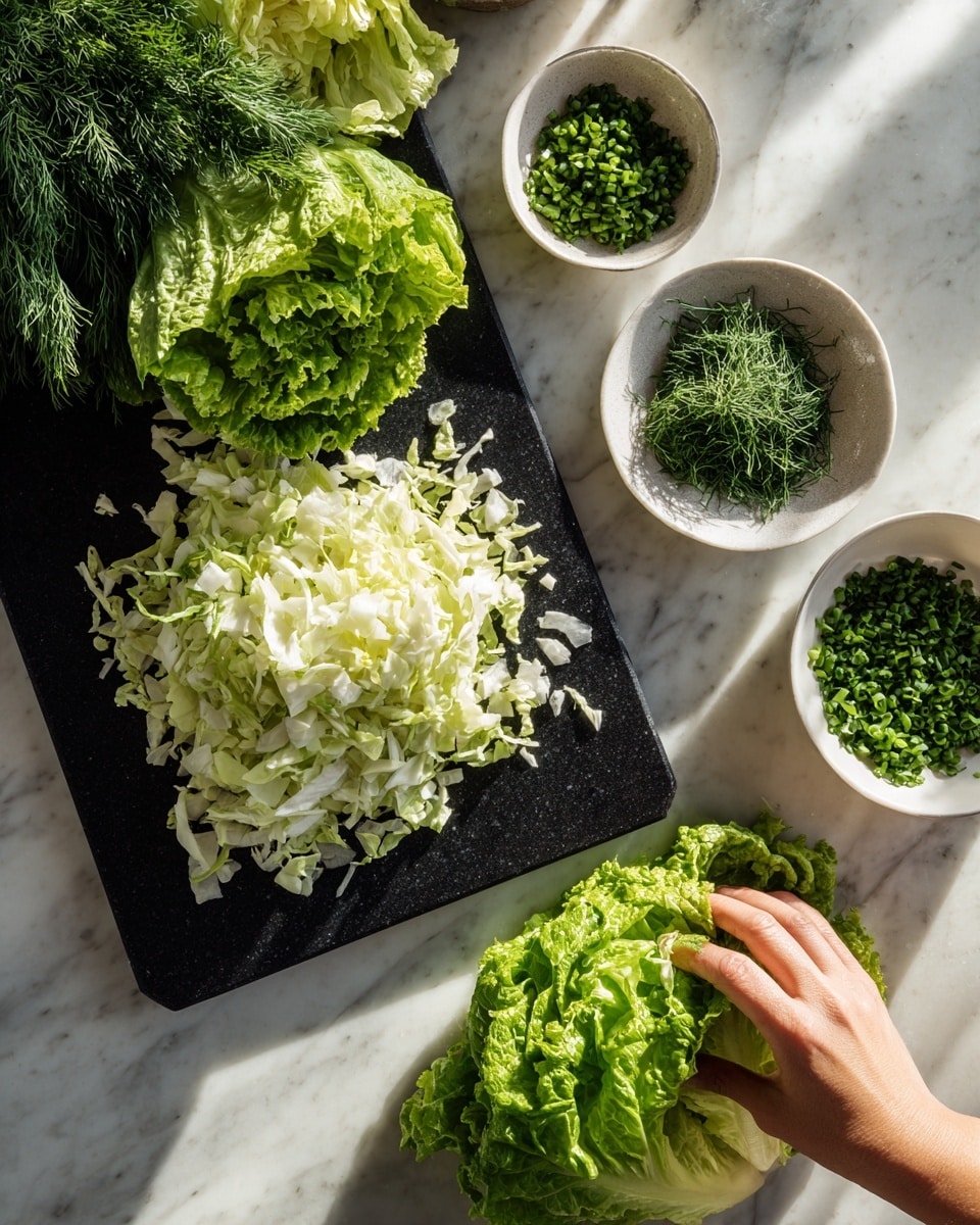 The image shows a white marbled surface with a black cutting board covered in various leafy greens. There is a layer of chopped light green and white cabbage or lettuce in the middle of the board, surrounded by darker green lettuce leaves. On the white marbled surface around the board, three white bowls hold chopped green herbs: one with finely chopped chives, one with finely chopped dill, and one with another kind of small green leaf. A woman's hand is picking up one of the large green lettuce leaves on the bottom right of the board. The light is natural, casting soft shadows on the fresh vegetables. photo taken with an iphone --ar 4:5 --v 7