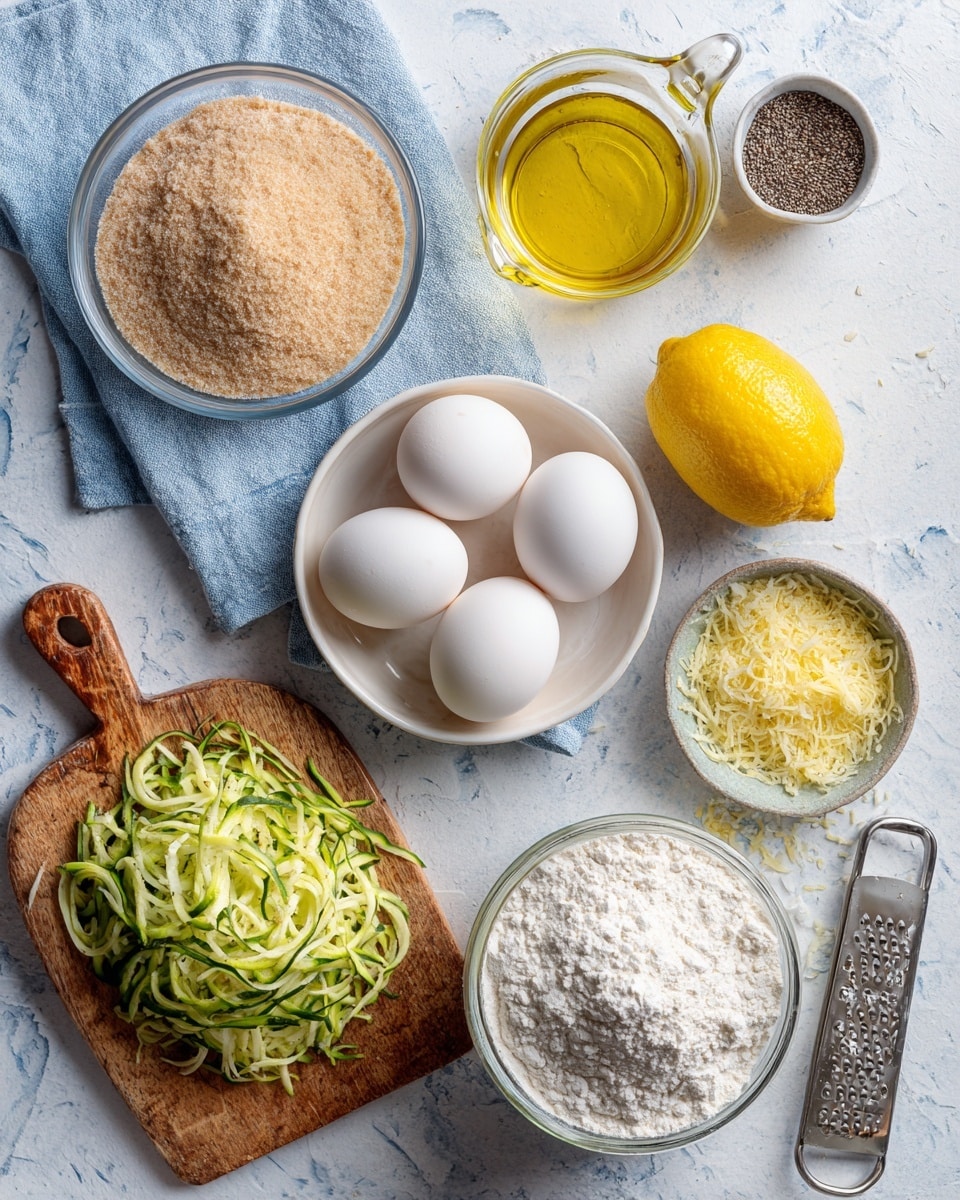 A clear glass bowl with light brown sugar on the left, next to three white eggs on a light blue cloth. Above is a glass measuring cup filled with golden yellow oil. To the right, a white ceramic bowl contains small black seeds. Next to this is a whole yellow lemon. Above the lemon is a wooden board with shredded green zucchini on it, and to the right of the lemon is a small white grater with yellow lemon zest scattered on the metal surface. At the bottom right is a glass jar full of white flour. All items are on a white marbled texture surface photo taken with an iphone --ar 4:5 --v 7