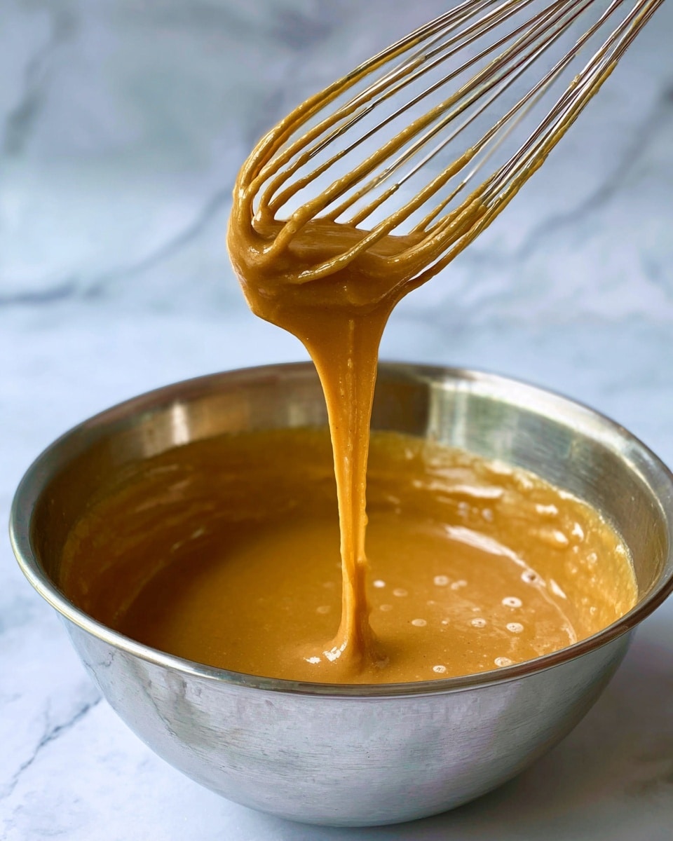 The image shows a close-up view of a whisk lifting a thick, smooth, golden brown batter from a shiny metal bowl. The batter clings elastically to the thin metal wires of the whisk, stretching downward in a glossy, soft texture with a few small bubbles visible. The background surface is a white marbled texture. The photo taken with an iphone --ar 4:5 --v 7