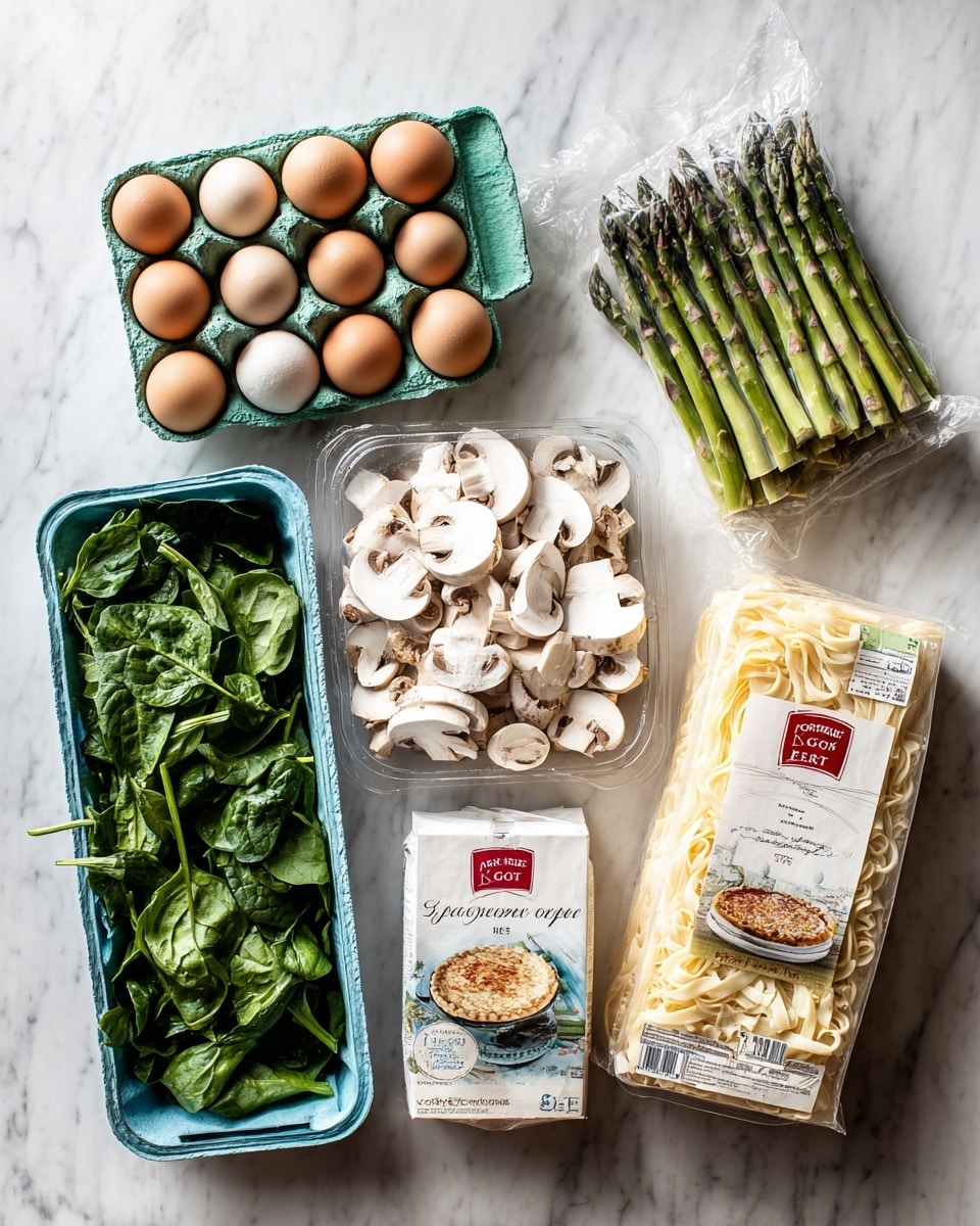 A flat lay of various cooking ingredients arranged on a white marbled surface, including a green carton of organic cage-free brown eggs positioned at the top left, a clear plastic box of fresh organic spinach leaves on the bottom left, a blue plastic tray of sliced white mushrooms placed near the center, a tall transparent package of green asparagus spears on the top right, a small white and red carton of heavy whipping cream near the center bottom, a bag of shredded Gouda cheese on the right side, and a box of ready-to-bake pie crusts at the bottom with a picture of a cherry pie slice on it. Photo taken with an iphone --ar 4:5 --v 7