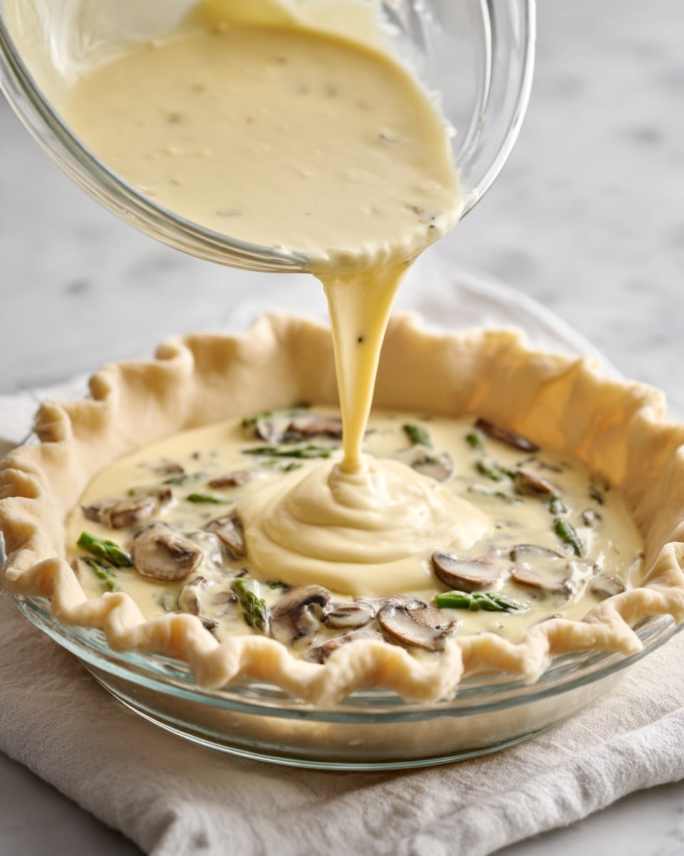 A clear glass pie dish holds a single layer of light beige pie dough pressed neatly along the sides and bottom. Inside the dough shell, a creamy yellow mixture with visible pieces of sliced mushrooms and green asparagus is being poured from a clear glass bowl, with the creamy mix showing a smooth, thick texture. The pie dish sits on a soft white cloth, all placed on a white marbled surface. The image shows motion as the creamy filling flows into the pie crust. Photo taken with an iphone --ar 4:5 --v 7