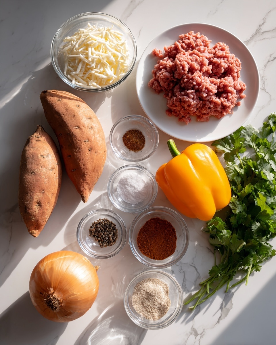 The image shows ingredients arranged on a white marbled surface. There are three sweet potatoes with orange skin near the center top. To the right, a white plate holds pink ground meat. Below it, a bright yellow bell pepper is placed. On the left side, there is a whole light brown onion at the bottom. A bunch of green cilantro leaves is next to the onion. Several small clear glass bowls hold different spices and seasonings: one has white granulated salt, another dark ground black pepper, and one bowl contains reddish-brown paprika powder. There is also a small bowl with light brown garlic powder and another with brown cinnamon-like powder. On the far left, a clear bowl has shredded white cheese. The scene is brightly lit with natural light, showing a clean and organized setup. photo taken with an iphone --ar 4:5 --v 7