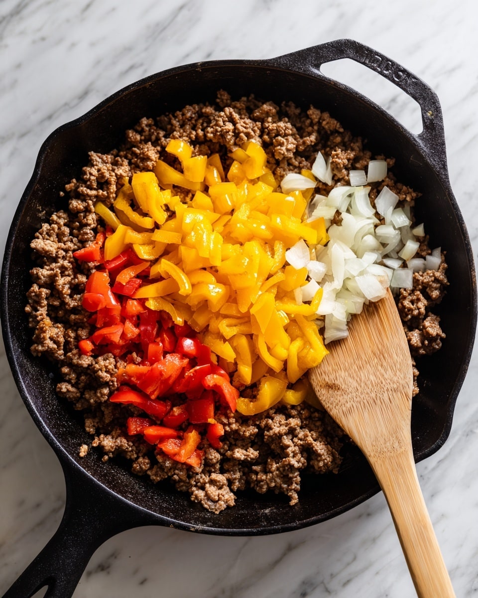 The image shows a black cast iron skillet filled with a mixture of cooked ground meat, orange sweet potato cubes, and small yellow pepper pieces, layered evenly throughout. The top layer is covered with melted white cheese that is slightly gooey and strings across the food. Fresh, chopped green cilantro leaves are sprinkled generously on top, adding a fresh pop of color. A silver spoon rests inside the skillet, partially submerged in the mixture. The skillet is placed on a white marbled surface, with a green cloth cloth partially visible in the upper right corner. Photo taken with an iphone --ar 4:5 --v 7