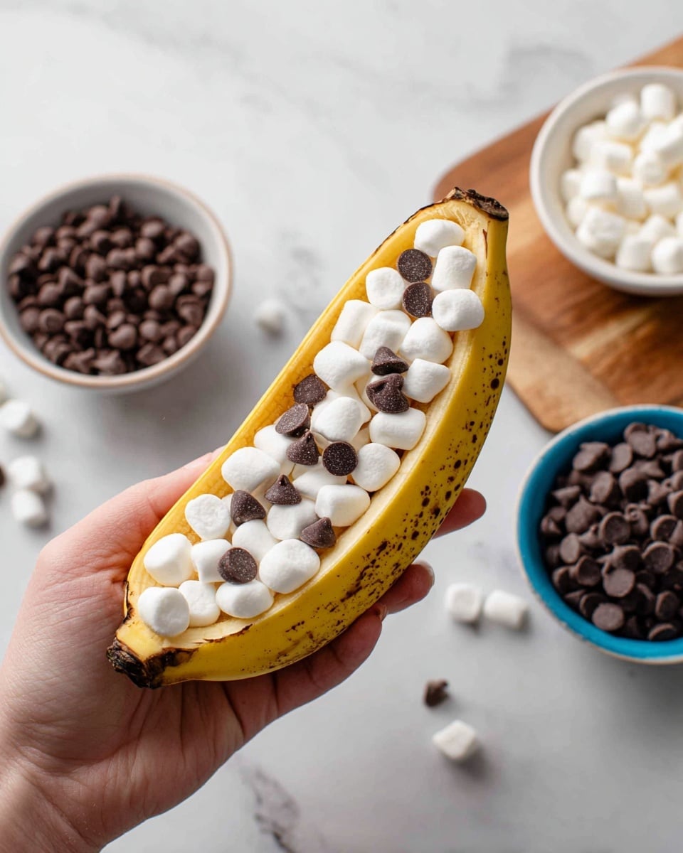 A wooden board is placed on a white marbled surface, holding two yellow bananas with some brown spots on the peel, a small white bowl with two handles filled with dark brown chocolate chips, a blue glass bowl filled with white mini marshmallows, three square light brown graham crackers stacked on each other, and a brown and green bottle of organic cinnamon lying on its side in the top left corner. photo taken with an iphone --ar 4:5 --v 7