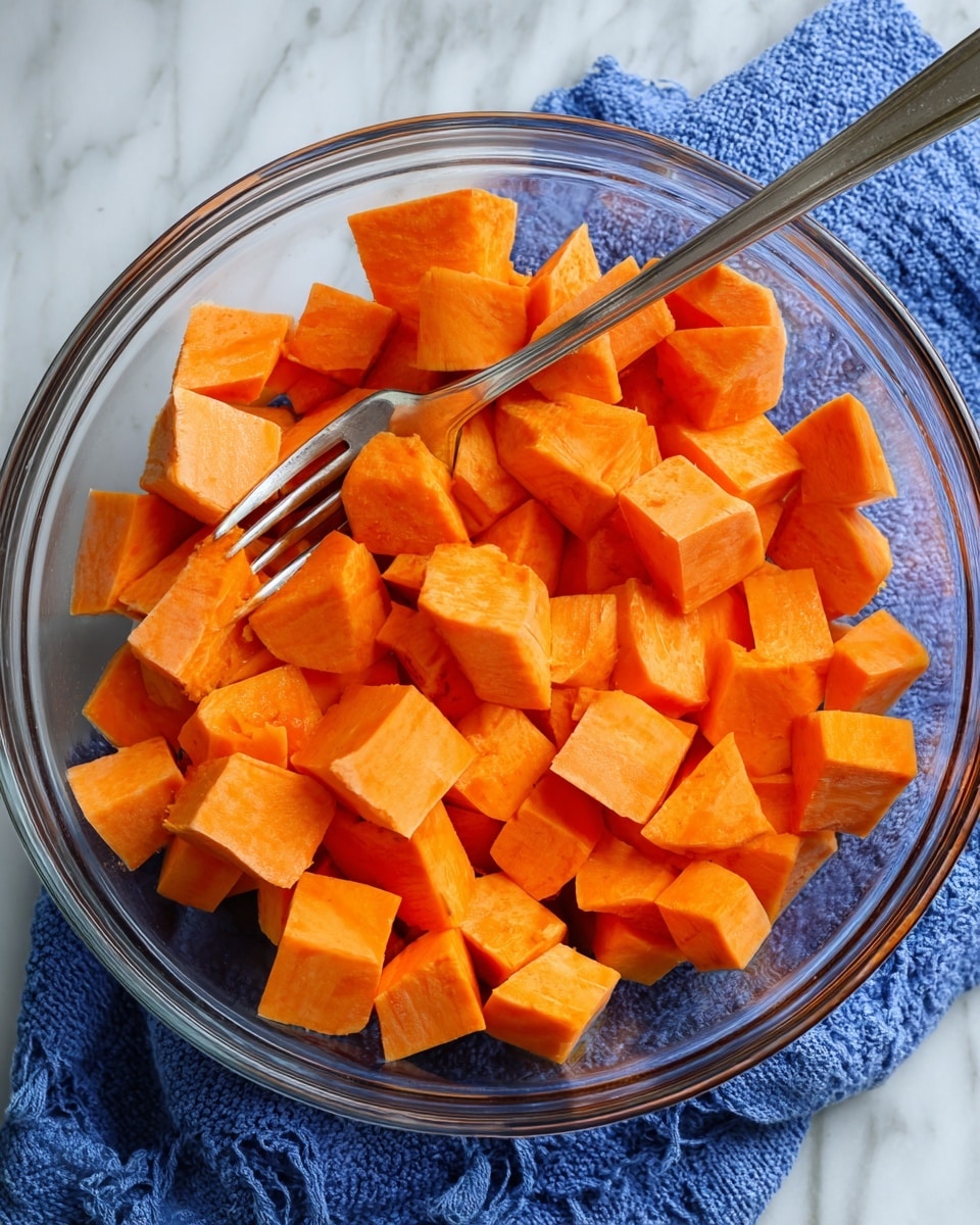 A clear glass bowl filled with many medium-sized orange cubes of raw sweet potato, each piece showing smooth, slightly shiny surfaces and sharp edges, with a silver fork resting inside the bowl on top of the cubes, all placed on a white marbled surface with a blue textured cloth partially visible underneath the bowl. photo taken with an iphone --ar 4:5 --v 7
