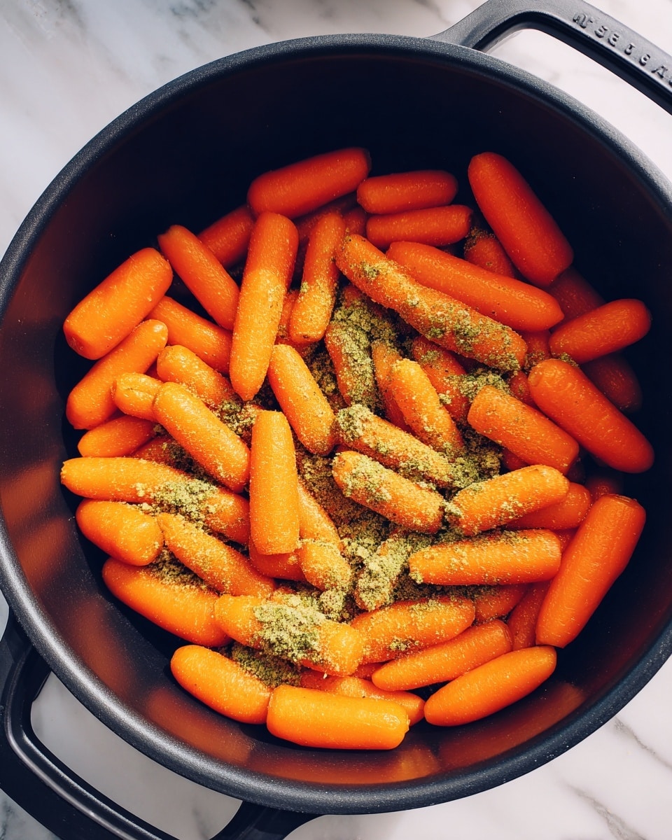 A close-up top view of a black cooking pot filled with a single layer of bright orange baby carrots covered with a light green powder seasoning evenly spread over them. The carrots are smooth and slightly shiny, filling the pot completely. The black pot has a curved handle visible in the front, and the background shows a white marbled surface. photo taken with an iphone --ar 4:5 --v 7