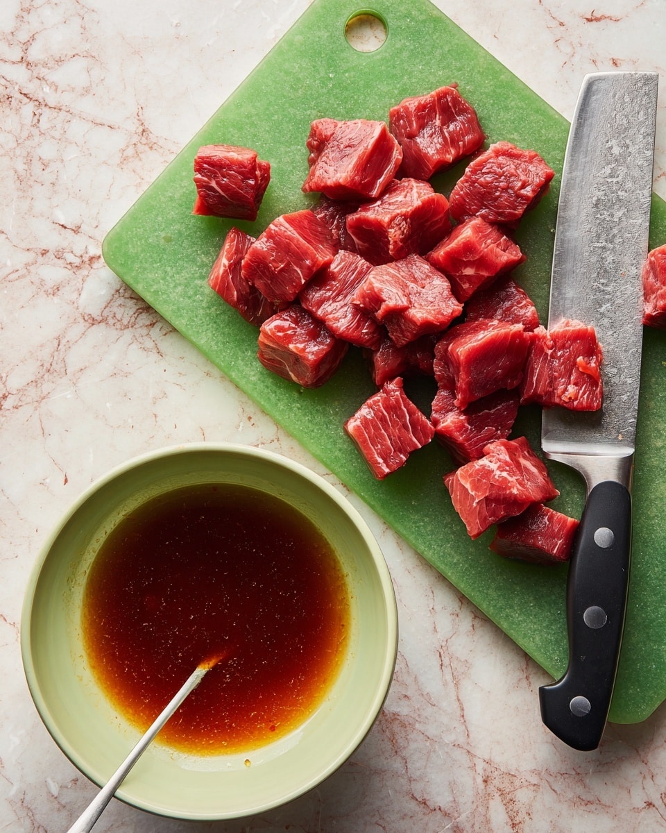 The first image shows several small red meat pieces spread over a green cutting board, which lies on a white marbled surface. A large silver cleaver with a black handle rests on the right edge of the board. The meat pieces have a fresh, raw texture and are uneven in size but roughly cubed. The second image shows a light green bowl on the same white marbled surface, filled with a dark orange liquid, and a silver fork partially dipped into it, creating some shiny reflections on the liquid's surface. photo taken with an iphone --ar 4:5 --v 7