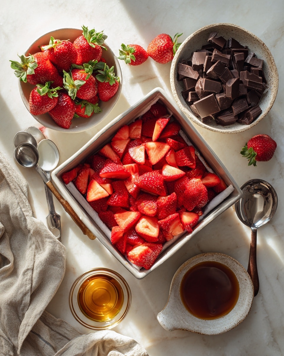 A thick square brownie layer with a dark brown color and a slightly moist texture, topped with a generous layer of small, shiny, red strawberry pieces, and finished with a smooth, dark chocolate drizzle that pools in small thick waves on top. The brownie is held by a woman's hand above a baking tray filled with more similar pieces, all resting on a white marbled surface with a soft green brick wall background, photo taken with an iphone --ar 4:5 --v 7