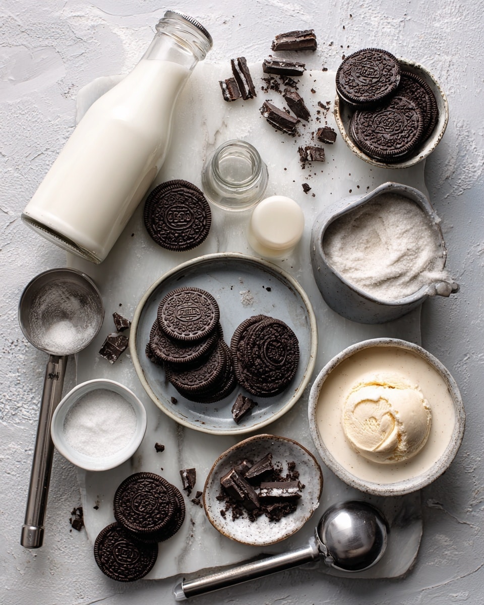 The image shows four steps of making a cookies and cream ice cream. The first step is a white bowl with a metal whisk and a light cream mixture. The second step shows the same bowl, with a woman's hand pouring a caramel-colored syrup onto the cream. The third step shows an ice cream machine with a creamy mixture and chunks of dark cookies inside, visible through the clear lid. The fourth step is a long, narrow white container filled with creamy white ice cream topped with large pieces of dark cookie crumbs. The whole scene is set on a white marbled surface. Photo taken with an iphone --ar 4:5 --v 7