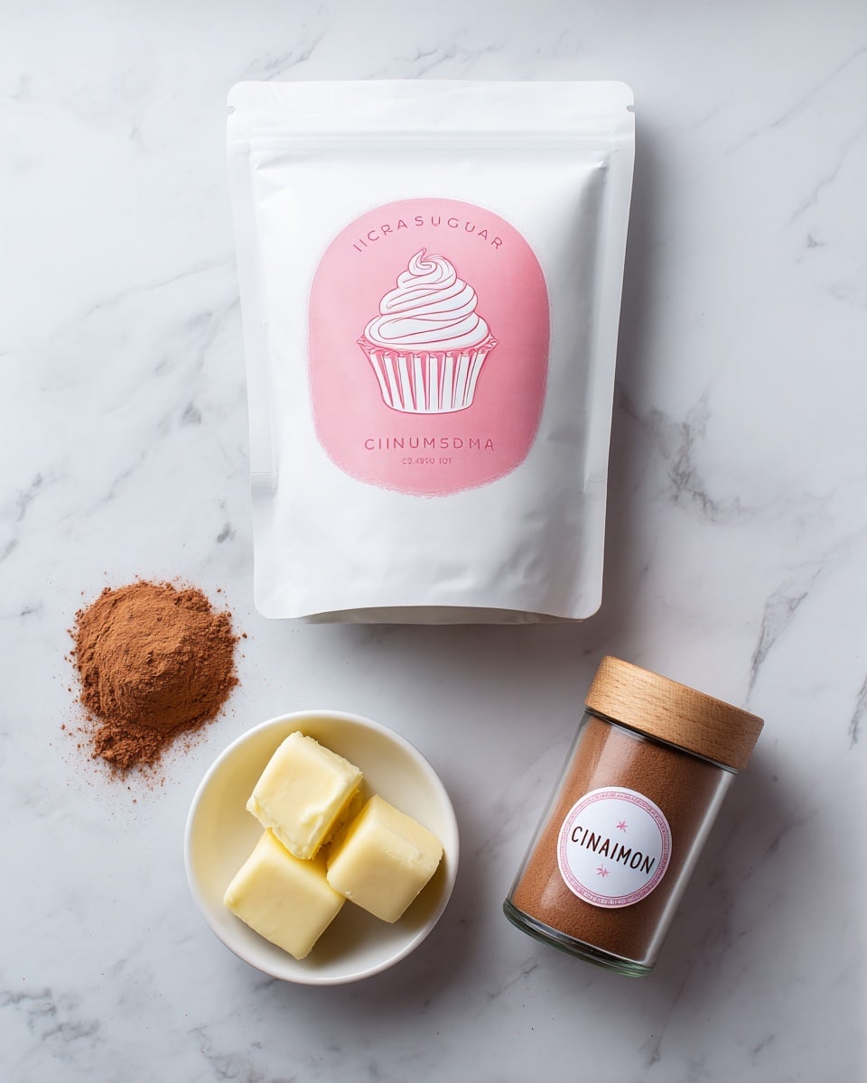 The image shows a white bag of icing sugar with pink decoration and a cupcake illustration in the center, placed on a white marbled surface. Below the bag, there is a small white bowl containing three pieces of pale yellow butter, smooth and chunky in texture. Next to the bowl, there is a small glass jar filled with brown cinnamon powder, with a light wooden lid and a white label displaying the word
