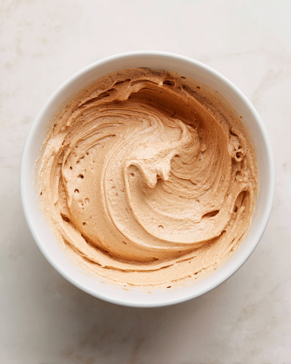 A close-up view of a white bowl with a smooth, creamy light brown mixture spread around its inside, showing thick, swirled texture with soft peaks and small air pockets. The mixture forms one main layer, covering the bowl's curved bottom and sides unevenly, with some areas showing the white bowl underneath. The bowl sits on a white marbled surface. photo taken with an iphone --ar 4:5 --v 7