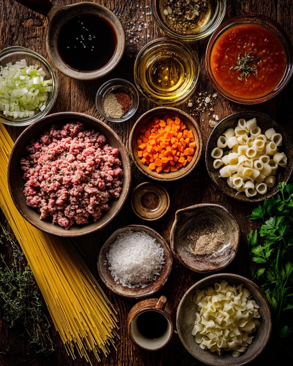 A round white pot filled with one thick layer of spaghetti mixed with a rich brown meat sauce, having some orange carrot pieces and green herb bits sprinkled on top. The pasta is topped with small white shreds of cheese, scattered evenly. The pot sits on a wooden table with clusters of red cherry tomatoes on the vine to the left and some green parsley leaves near them. There is a white spaghetti serving spoon resting on a blue cloth beside the pot. On the right side, a piece of cheese, a metal grater with some cheese shreds, celery sticks, and a wooden bowl with toasted bread slices complete the scene. The photo is taken with an iphone --ar 4:5 --v 7