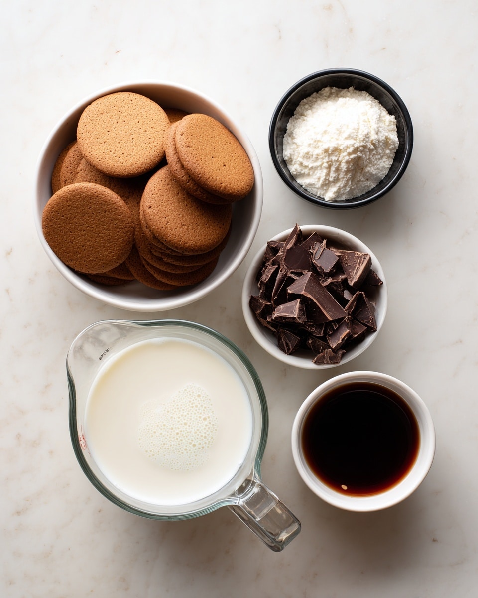 A top view of a white marbled surface with five small containers holding different ingredients: a white bowl filled with many round brown biscuits stacked closely together on the left; a small black bowl with white powder on the top right; a small white bowl with dark brown chocolate chunks and shavings below the black bowl; a clear glass measuring cup filled with white liquid with a slightly foamy texture near the bottom center; and a small white cup containing dark brown liquid at the bottom right. All ingredients are neatly arranged with clear spacing between them photo taken with an iphone --ar 4:5 --v 7