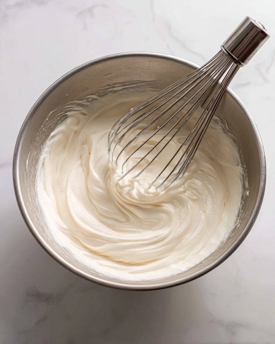 A close-up view of a silver mixing bowl filled with a smooth, creamy white mixture with soft, wavy textures on the surface. Inside the bowl, a metal whisk attachment rests on top of the mixture, adding a shiny silver element with its thin wires fanned out. The bowl sits on a white marbled surface that adds a clean, bright background to the image. photo taken with an iphone --ar 4:5 --v 7