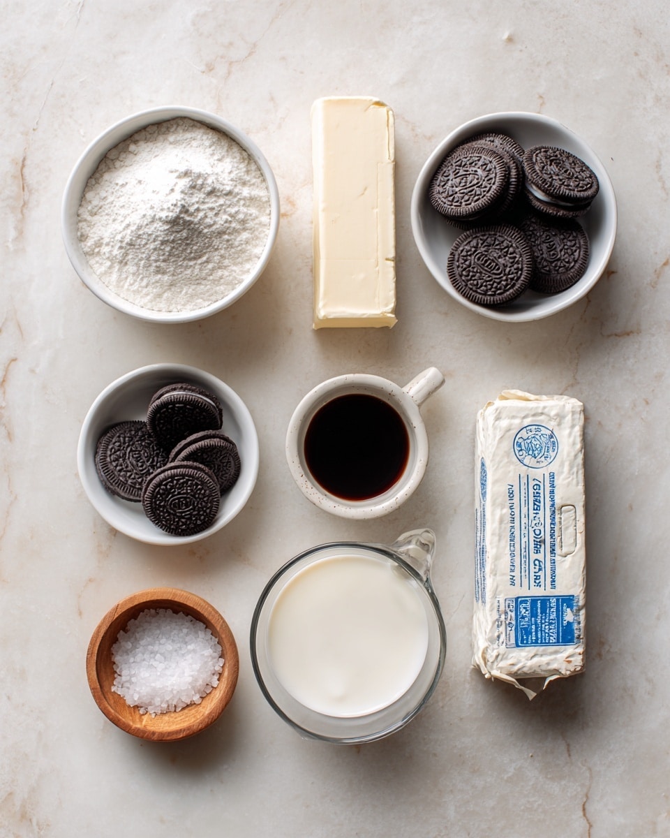 The image shows a flat lay of baking ingredients on a white marbled surface. There are seven main items: a small white bowl filled with white powdered sugar at the top left, a white bowl filled with whole chocolate sandwich cookies at the top right, a rectangular pack of butter with a white wrapper just below the powdered sugar, a small white bowl with mini chocolate sandwich cookies below the butter, a small round cup with dark brown liquid to the right of the mini cookies, a wrapped block of cream cheese with blue writing near the bottom right, a clear glass cup filled with white cream below the mini cookies, and a small wooden bowl with coarse salt near the bottom right. All items are arranged evenly spaced. photo taken with an iphone --ar 4:5 --v 7