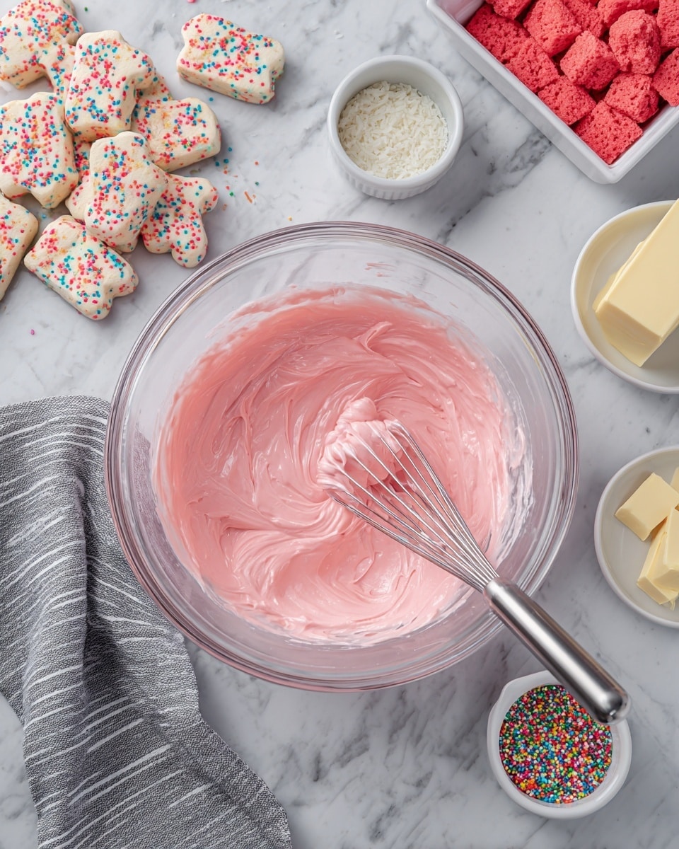 A clear glass bowl sits in the center filled with smooth, bright pink frosting being mixed by a metal whisk. To the upper left, a pile of red and white frosted animal crackers with colorful sprinkles are scattered on the white marbled surface. To the upper right, a square white parchment-lined pan holds a layer of pink crispy treat bars. On the lower right, a white bowl with a stick of butter and a small clear bowl filled with rainbow round sprinkles rest next to a box of JELL-O white chocolate pudding. A gray and white striped cloth napkin lies folded near the bottom left corner. Photo taken with an iphone --ar 4:5 --v 7