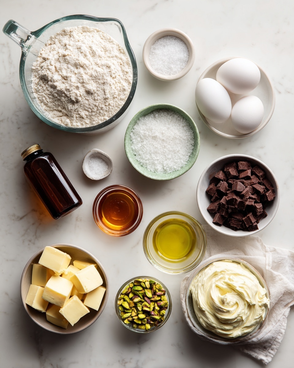 A top-down view of various baking ingredients arranged neatly on a white marbled surface includes a large glass measuring cup filled with white flour at the top left, two white eggs in a small clear bowl to its right, and a tiny bowl with salt next to it. Below the eggs, there is a small bowl of granulated white sugar and a small jar with amber-colored liquid that looks like vanilla extract. A small bowl filled with frosting or cream covered partially with cheesecloth is at the bottom right. Near the center, there is a small bowl filled with dark chocolate chips, a bowl with chopped green pistachios, a small bowl with yellow butter cubes, and a very small bowl containing orange zest. A dark brown bottle lies horizontally near the flour container, and a small glass bowl with a clear liquid is also present. The overall look is clean and organized. Photo taken with an iphone --ar 4:5 --v 7