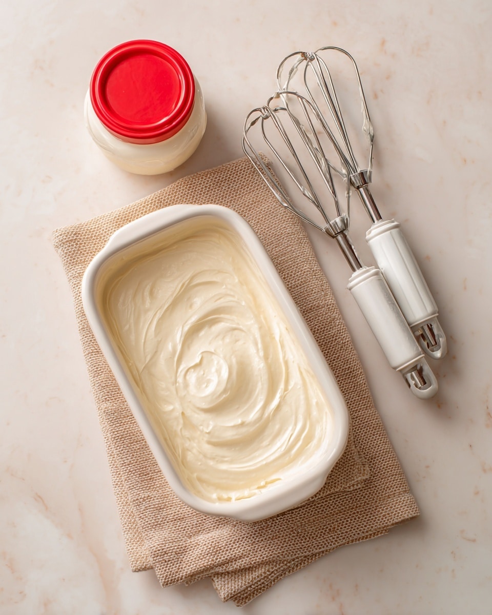 A beige bowl filled with smooth, creamy white frosting or cream with soft swirls and peaks. A metal spoon is partially inserted into the cream, lifting a fluffy dollop. The bowl sits on a white marbled surface with a blurred metal whisk and a milk bottle in the background. The overall look is clean and bright. Photo taken with an iphone --ar 4:5 --v 7