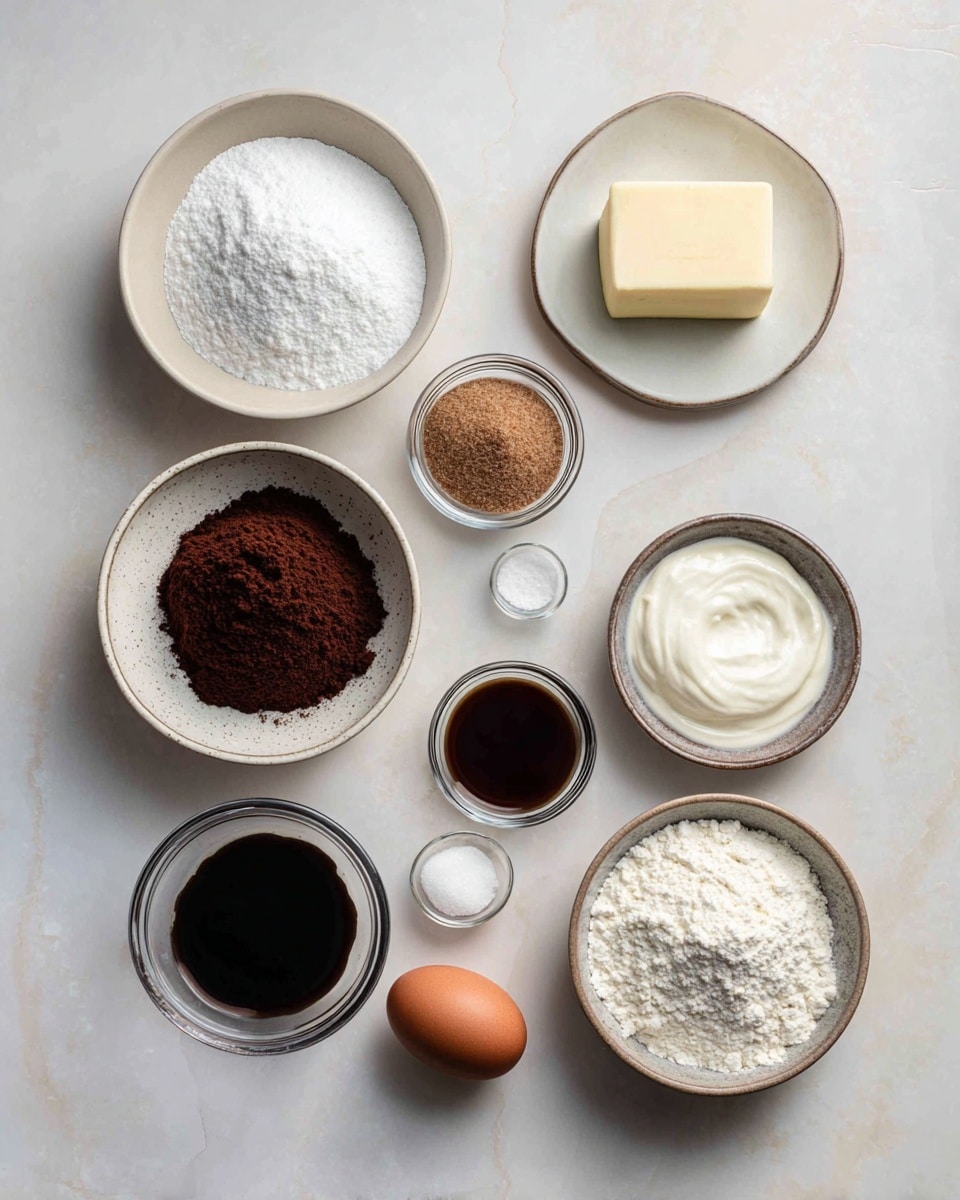 The image shows ten small bowls and dishes arranged neatly on a white marbled surface. Starting from the top left, there is a bowl filled with white powdered sugar, next to it on the right is a small white dish with a light yellow block of butter. Below the powdered sugar is a small clear bowl with brown sugar, then a tiny glass bowl with a pinch of salt is placed next to it on the right. Below the brown sugar is a white bowl filled with dark brown cocoa powder. Next to the salt, slightly below, is a white dish with dark brown vanilla extract. To the right of that is a clear bowl with white cream cheese. Below the cocoa powder is a tiny glass bowl containing baking soda or baking powder, next to it on the right is a bowl filled with white flour, and to the right of that is a small white bowl holding a brown egg. All bowls stand on the white marbled surface with soft, even lighting. Photo taken with an iphone --ar 4:5 --v 7