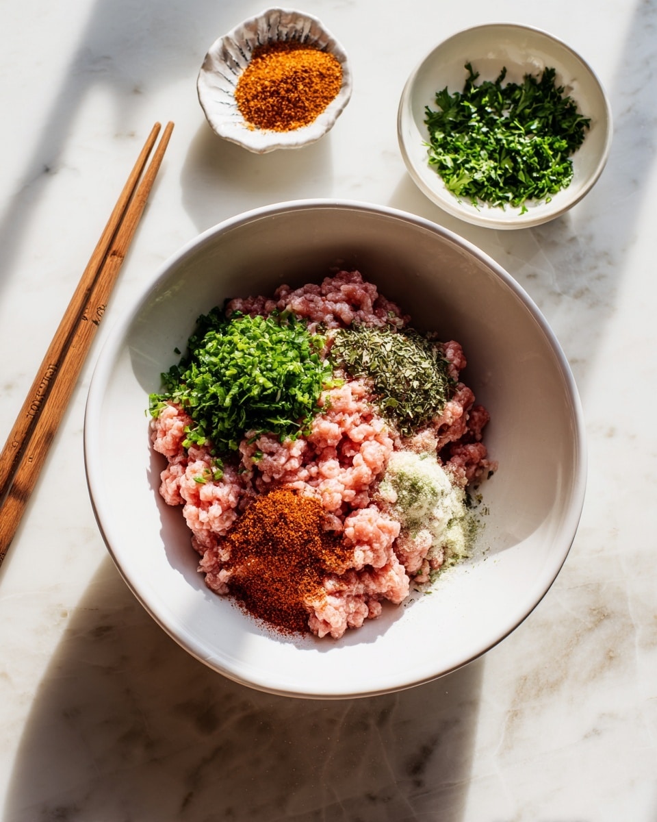 A white bowl sits on a white marbled surface, filled with one main layer of raw pink ground meat. On top of the meat, there are three piles of ingredients: finely chopped green herbs, a reddish-brown powder, and a darker brown powder with some orange tint. Next to the bowl, there is a small white bowl with more chopped green herbs and wooden chopsticks resting on the surface. The scene is bright and clear with natural light. Photo taken with an iphone --ar 4:5 --v 7
